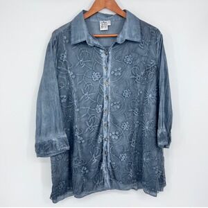 Parsley & Sage Button Down Shirt Womens 3X Blue Gray Floral Embroidered Artsy